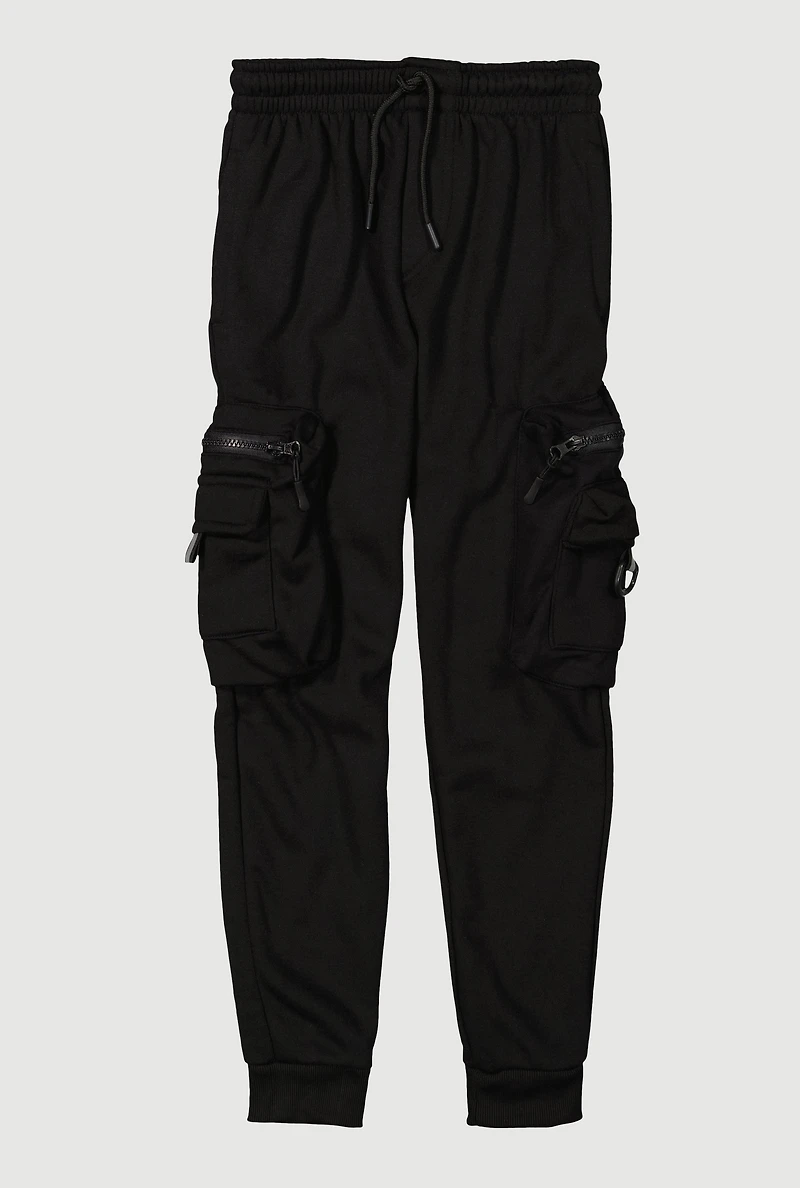 Boys Drawstring Waist Zip Cargo Pocket Joggers, Black, Size 16-18