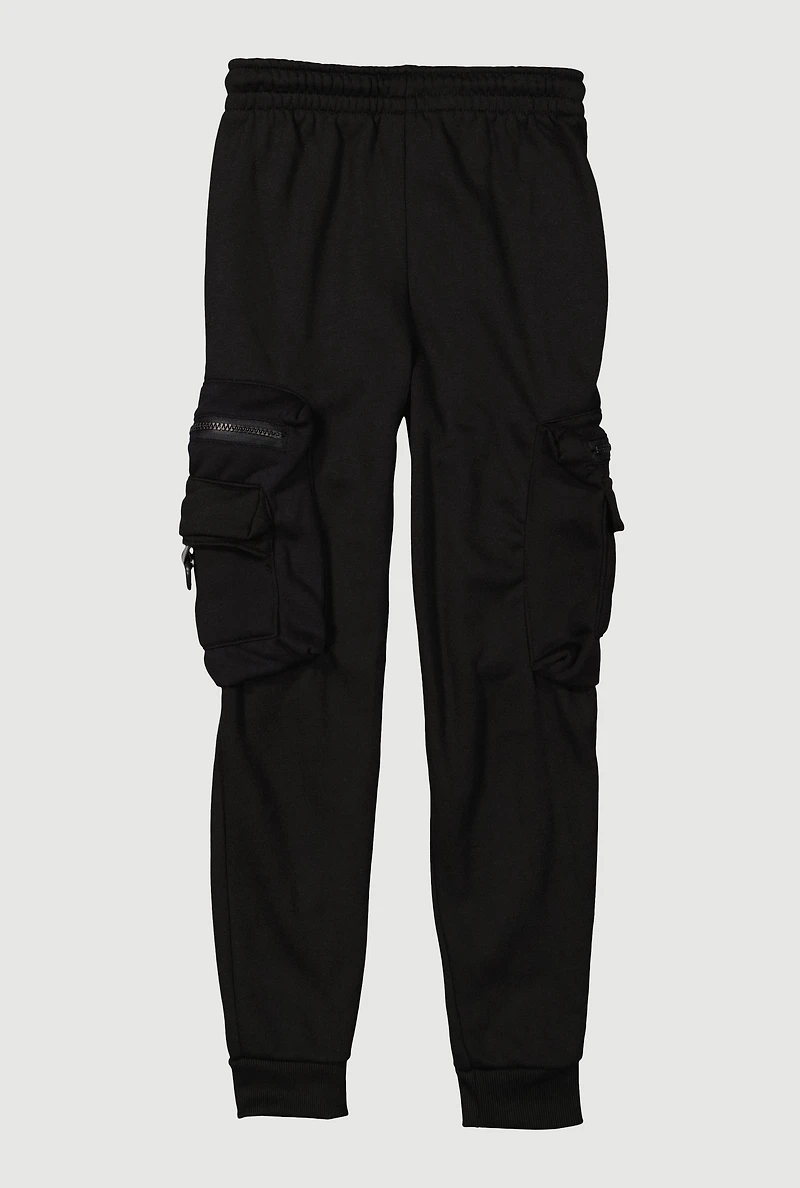 Boys Drawstring Waist Zip Cargo Pocket Joggers, Black, Size 12-14