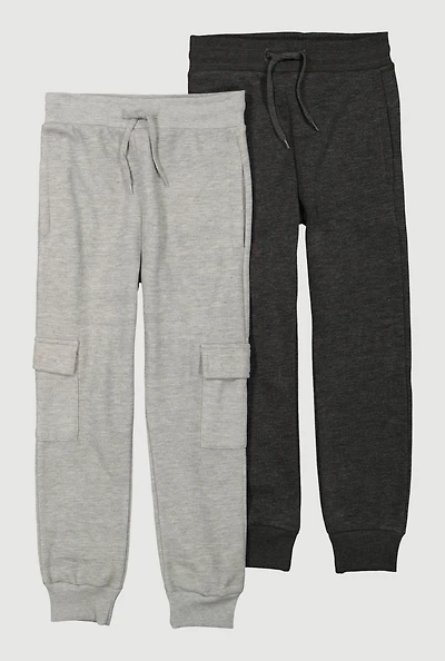 Boys Marled Drawstring Waist Cargo Joggers 2 Pack, Grey,