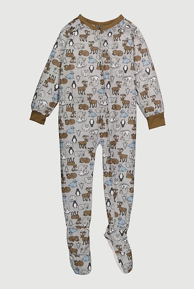 Little Boys Patterned Crew Neck Footed Pajamas, Grey, Size 5-6