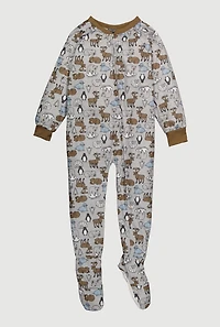 Little Boys Patterned Crew Neck Footed Pajamas, Grey, Size 5-6