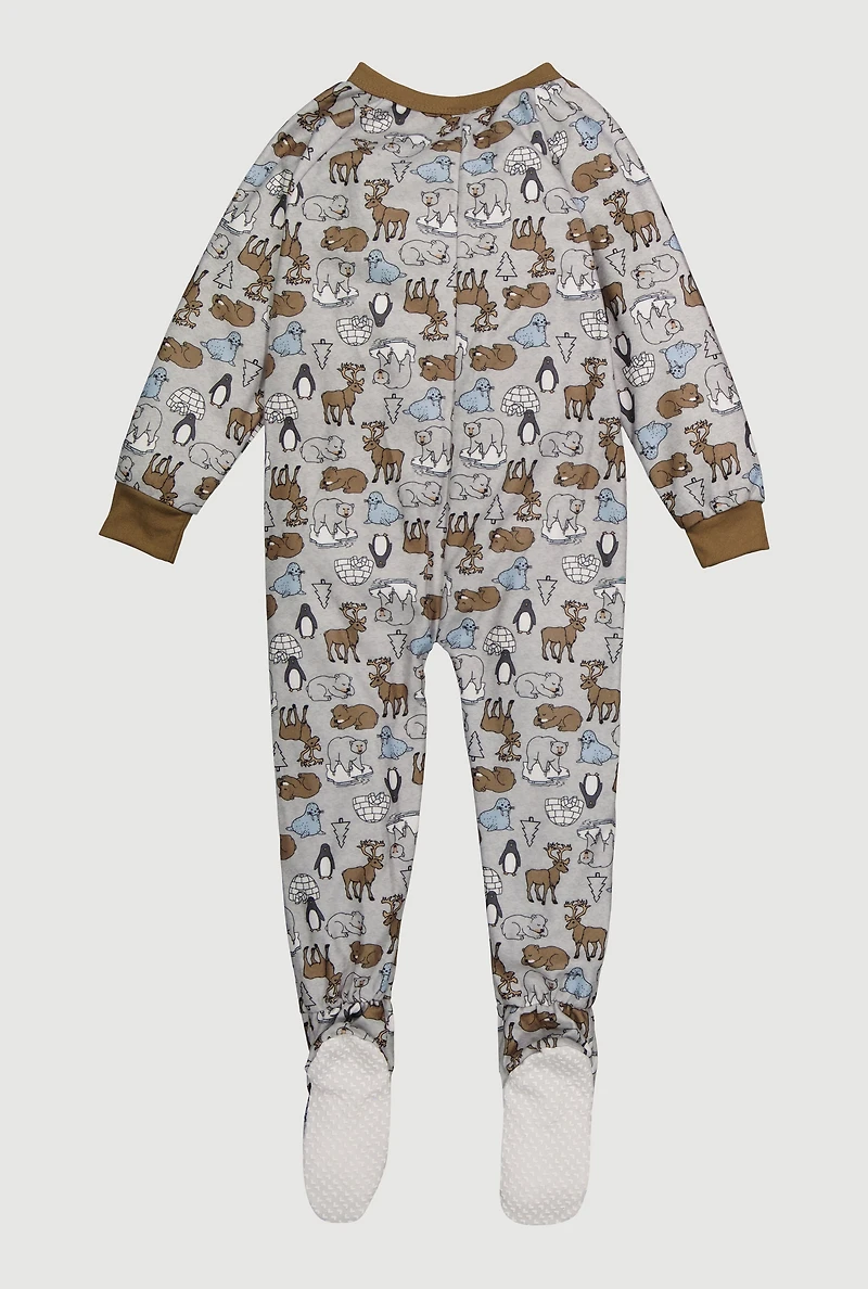 Little Boys Patterned Crew Neck Footed Pajamas, Grey, Size 5-6