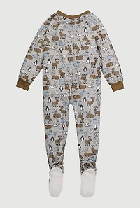 Little Boys Patterned Crew Neck Footed Pajamas, Grey, Size 5-6