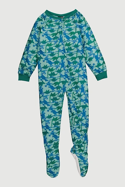 Little Boys Patterned Crew Neck Footed Pajamas,