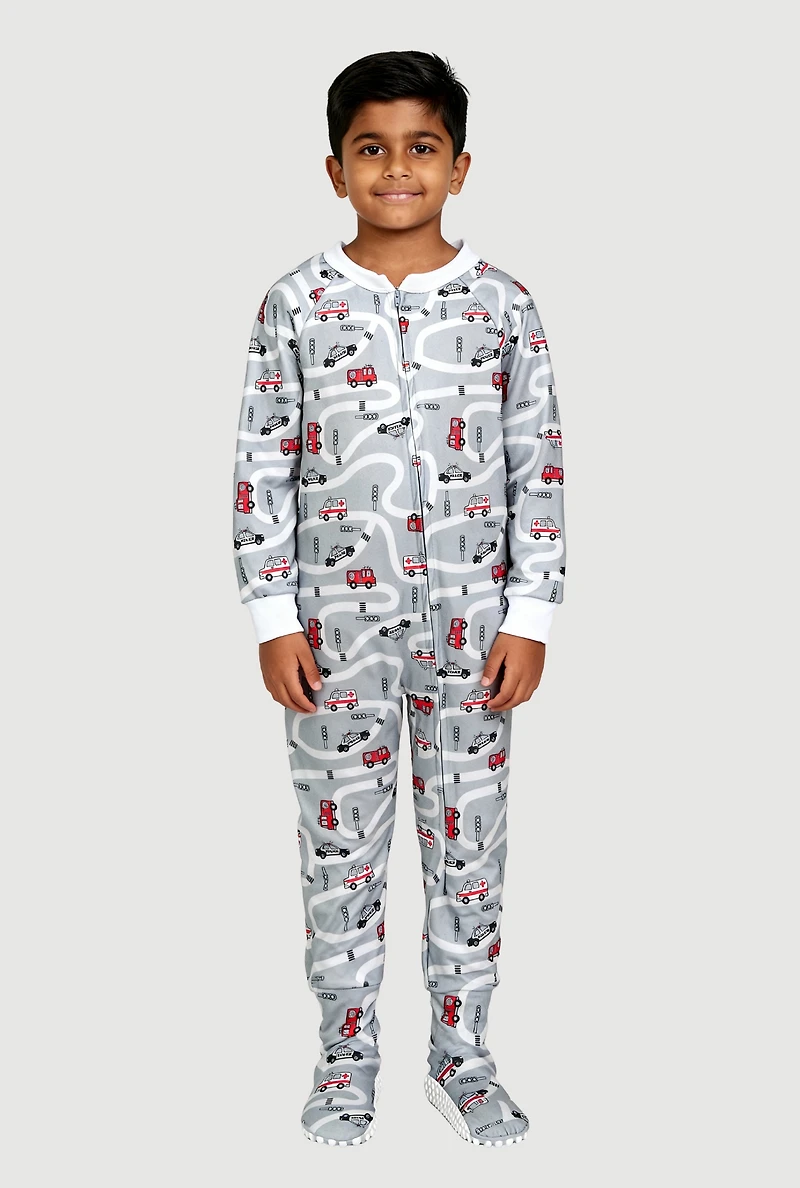 Little Boys Printed Pattern Zip Front Footed Pajamas, ,