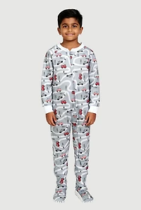 Little Boys Printed Pattern Zip Front Footed Pajamas, ,
