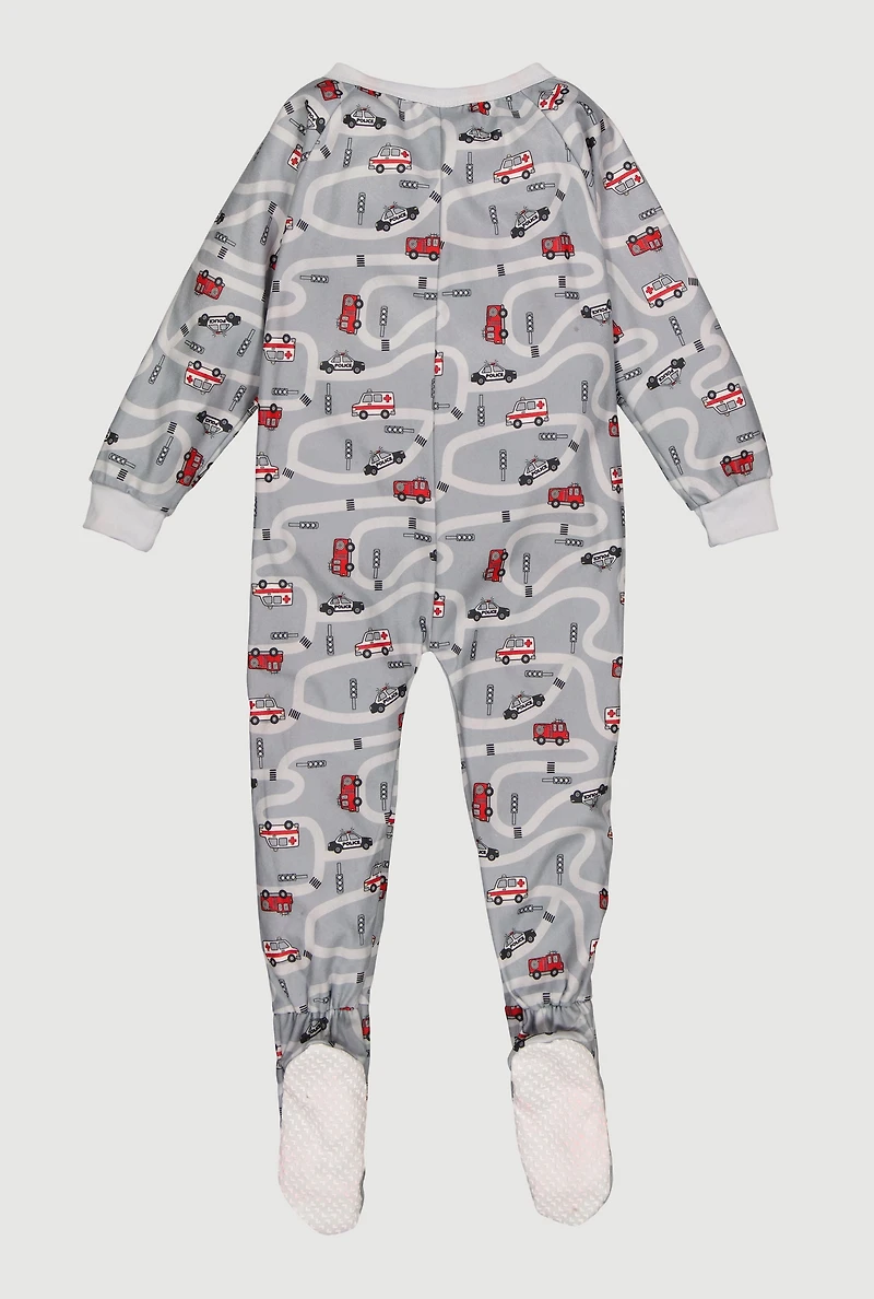 Little Boys Printed Pattern Zip Front Footed Pajamas, ,