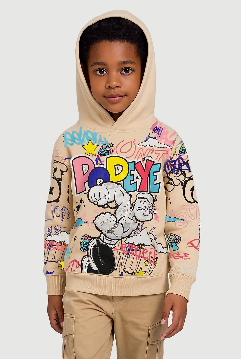 Little Boys Popeye Graffiti Graphic Pullover Hoodie, Beige,