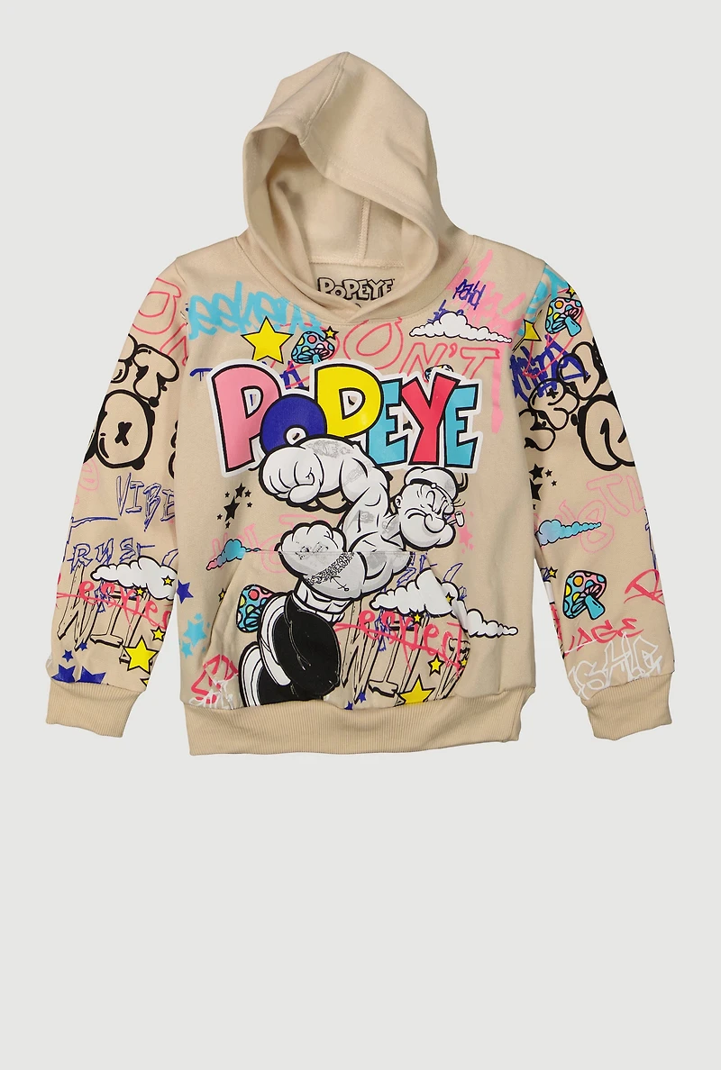 Little Boys Popeye Graffiti Graphic Pullover Hoodie, Beige,