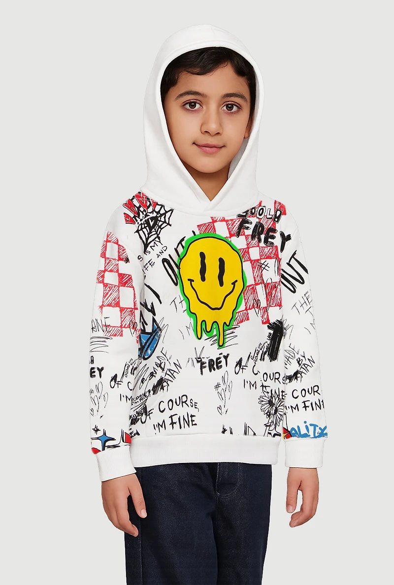 Little Boys Graffiti Drip Smiley Face Graphic Hoodie, White, Size 7