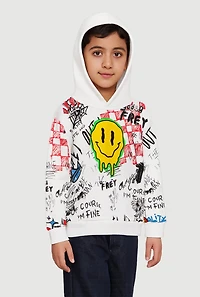 Little Boys Graffiti Drip Smiley Face Graphic Hoodie, White, Size 7
