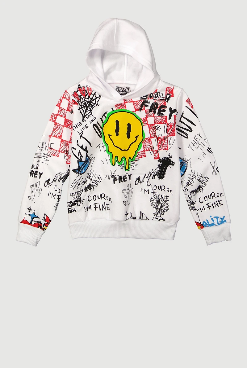 Little Boys Graffiti Drip Smiley Face Graphic Hoodie, White, Size 7