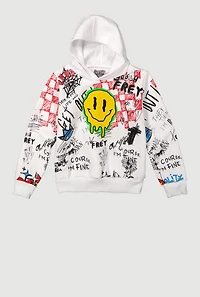 Little Boys Graffiti Drip Smiley Face Graphic Hoodie, White, Size 7