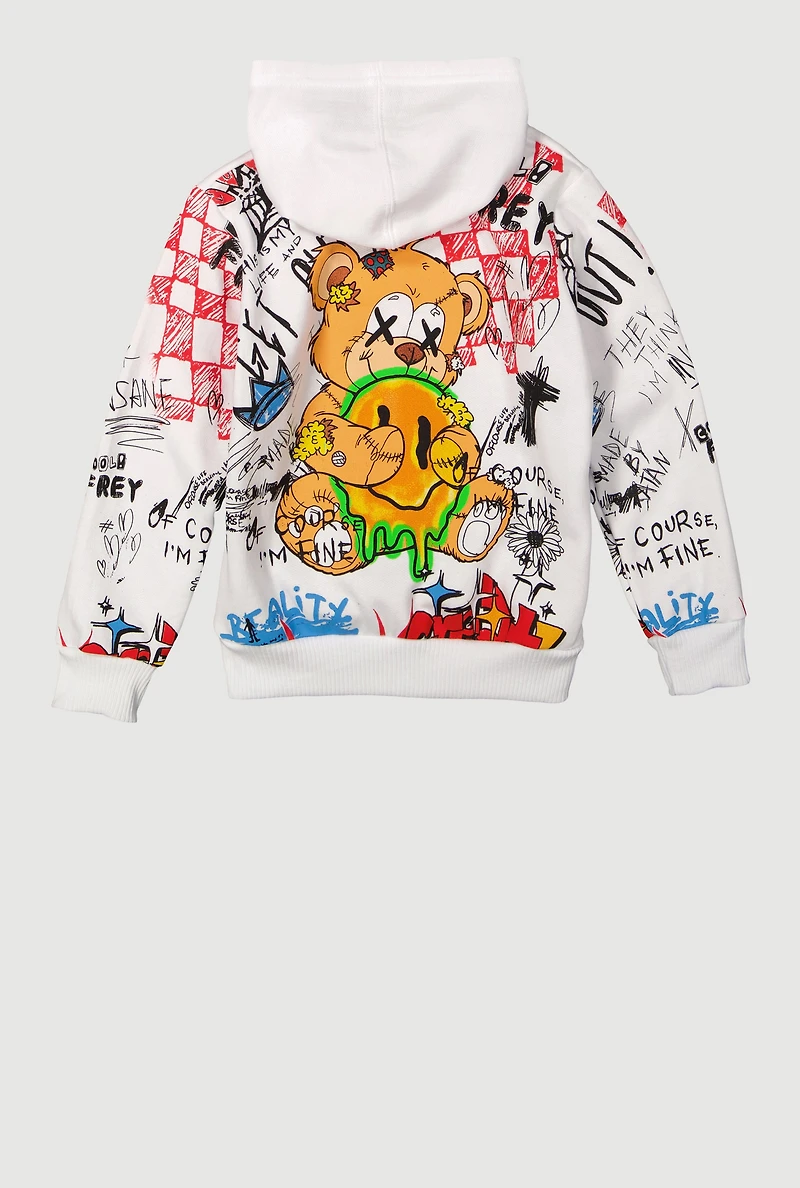 Little Boys Graffiti Drip Smiley Face Graphic Hoodie, White, Size 4