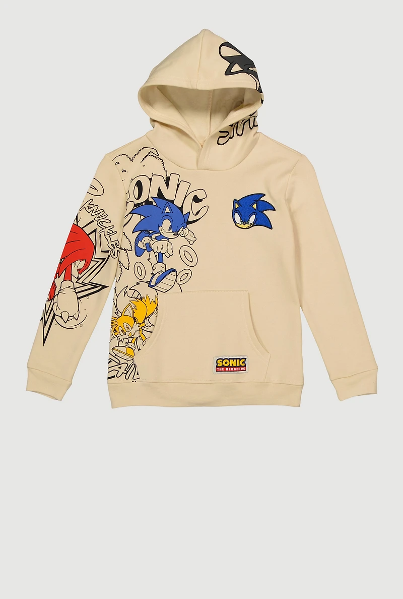 Boys Sonic Embroidered Kangaroo Pocket Hoodie, Beige, Size 14-16