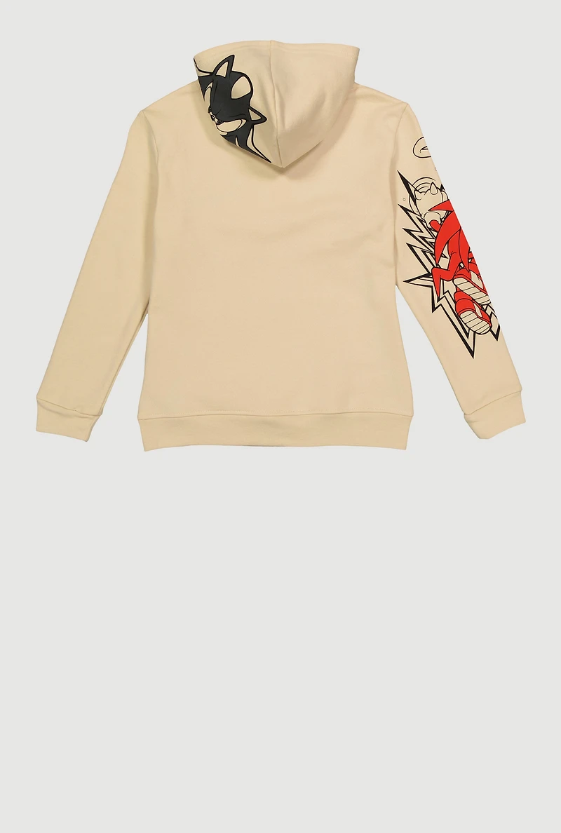 Boys Sonic Embroidered Kangaroo Pocket Hoodie, Beige, Size 14-16
