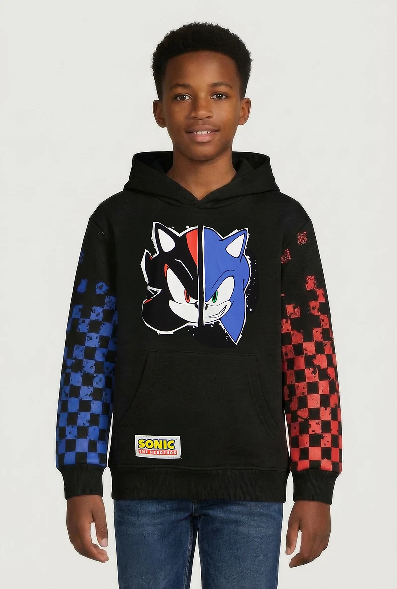 Boys Checkered Sleeve Sonic and Shadow Graphic Hoodie, Black, Size 8