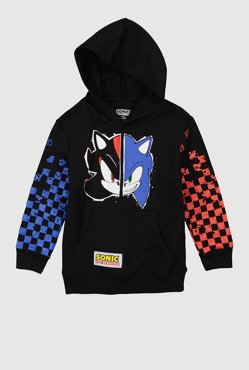 Boys Checkered Sleeve Sonic and Shadow Graphic Hoodie