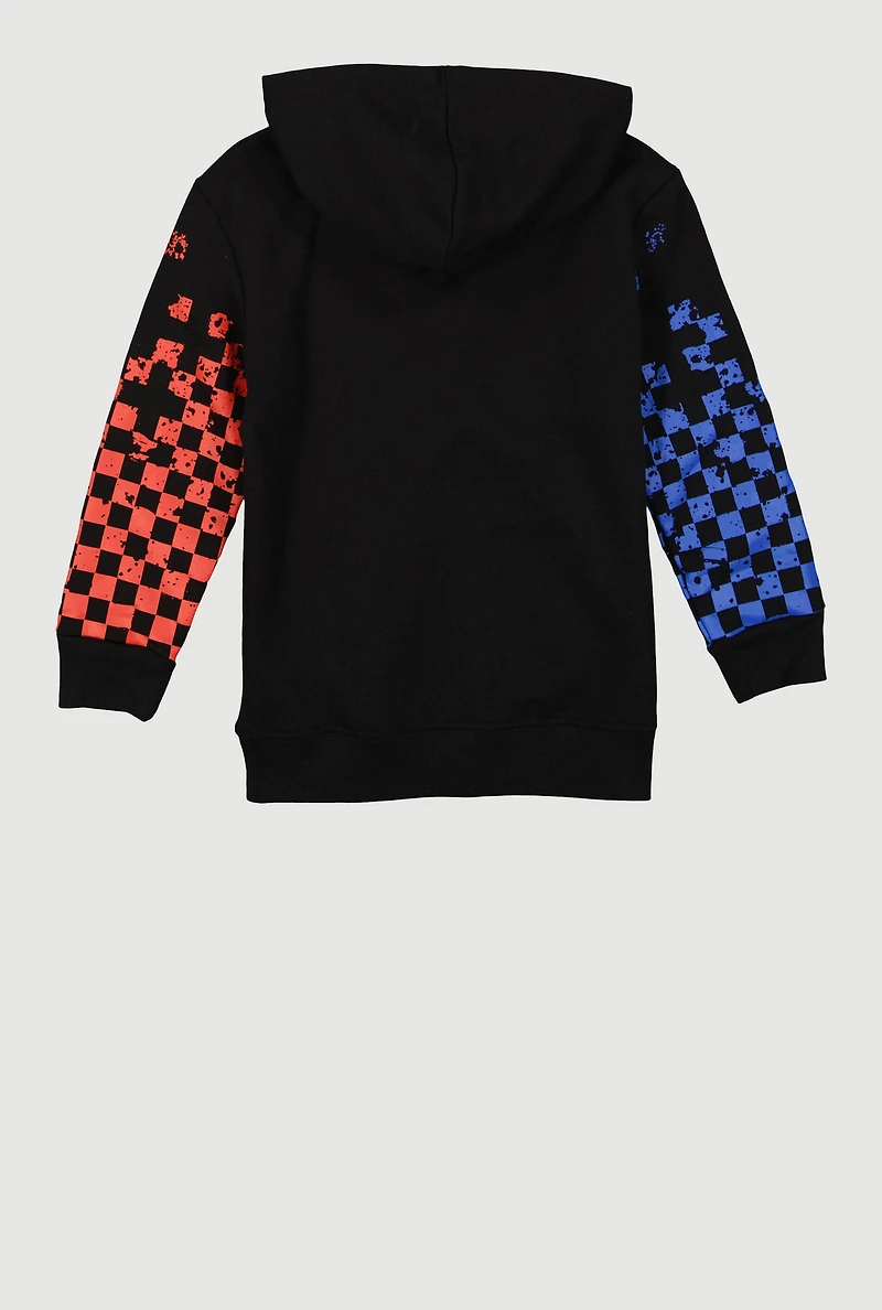 Boys Checkered Sleeve Sonic and Shadow Graphic Hoodie, Black, Size 8