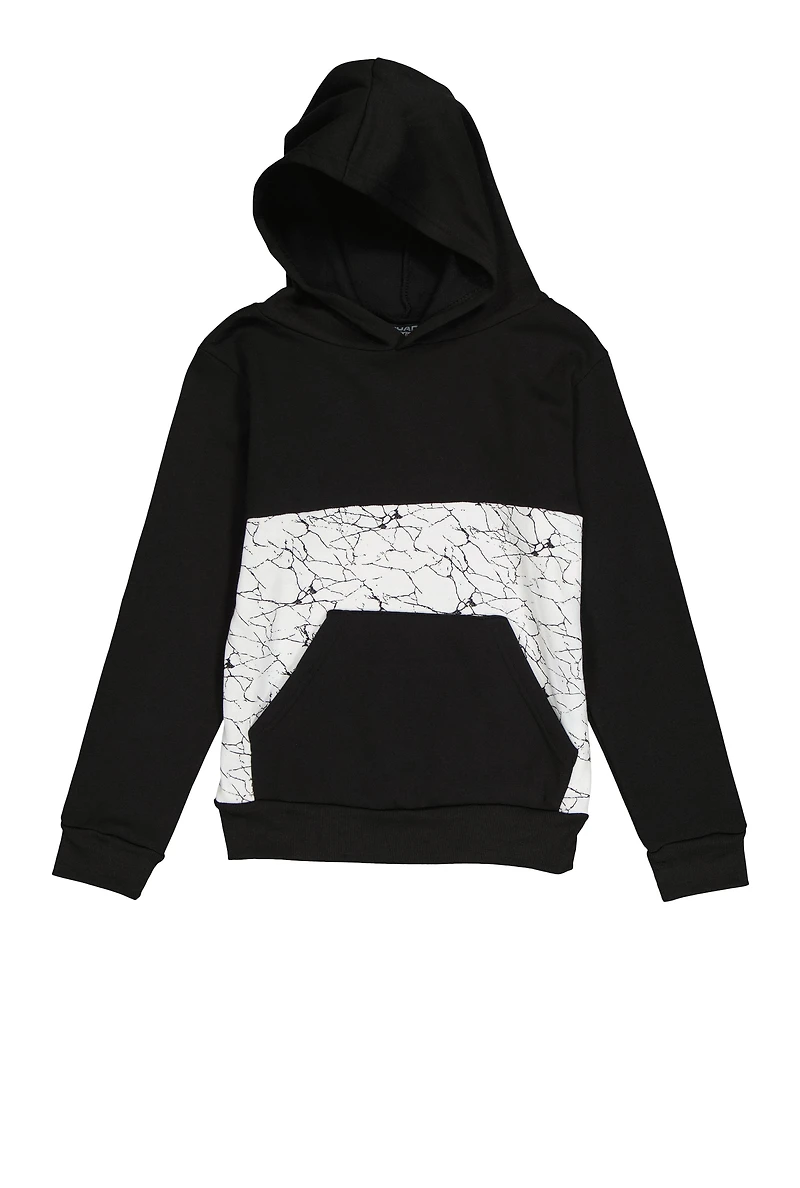 Boys Marble Print Color Block Hoodie