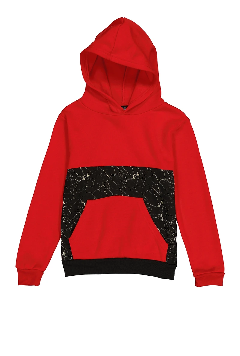 Boys Marble Print Color Block Hoodie
