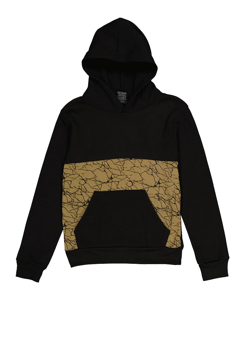 Boys Marble Print Color Block Hoodie