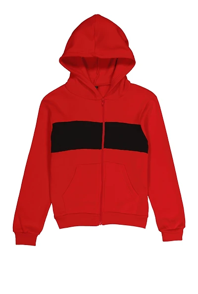 Boys Fleece Stripe Detail Zip Front Hoodie, Red, Size 16-18