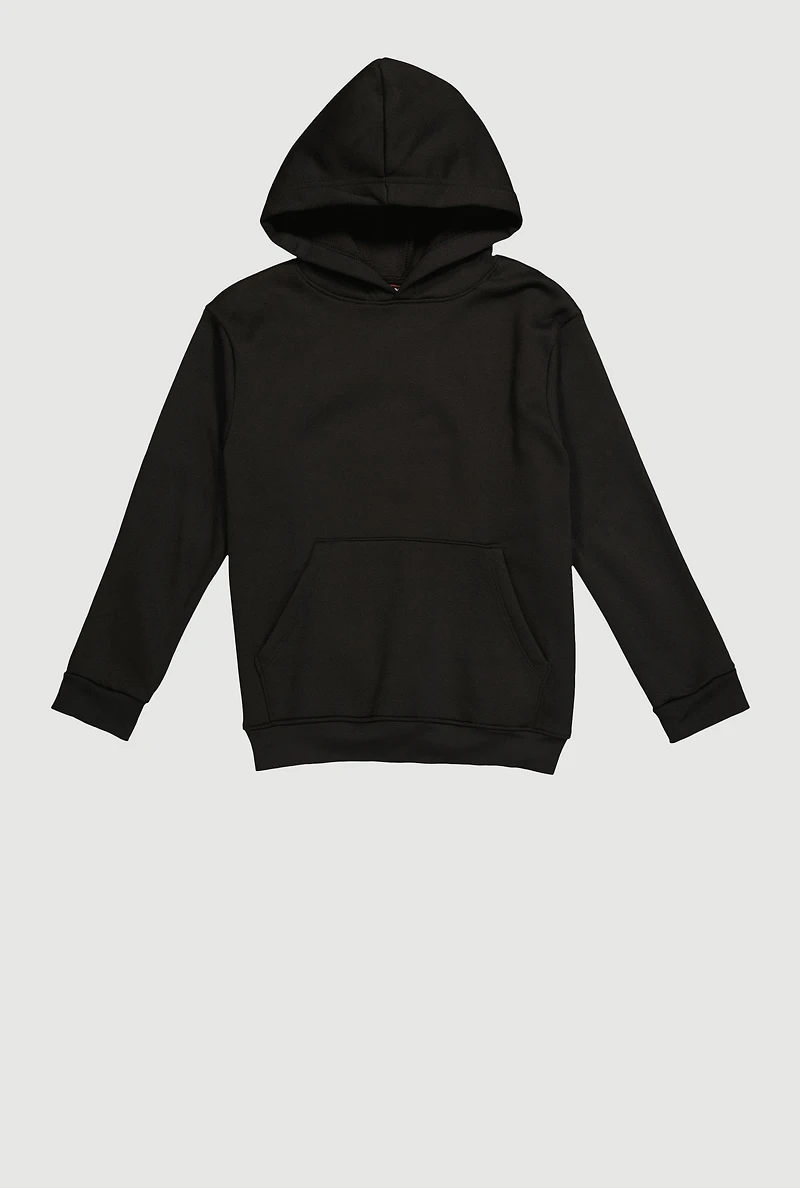 Boys Fleece Lined Kangaroo Pocket Pullover Hoodie, Black, Size 12-14
