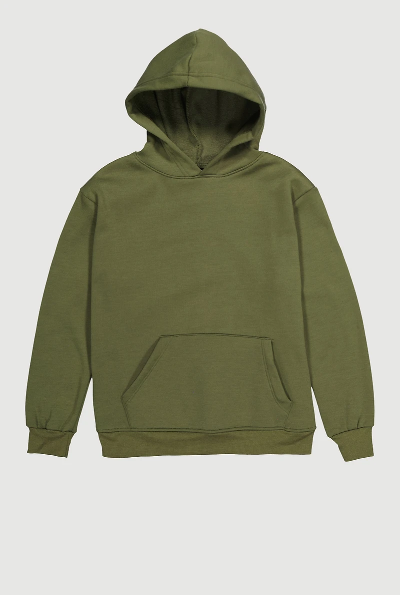 Boys Solid Fleece Lined Kangaroo Pocket Pullover Hoodie, Green, Size 12-14
