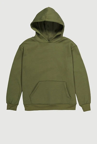 Boys Solid Fleece Lined Kangaroo Pocket Pullover Hoodie, Green,