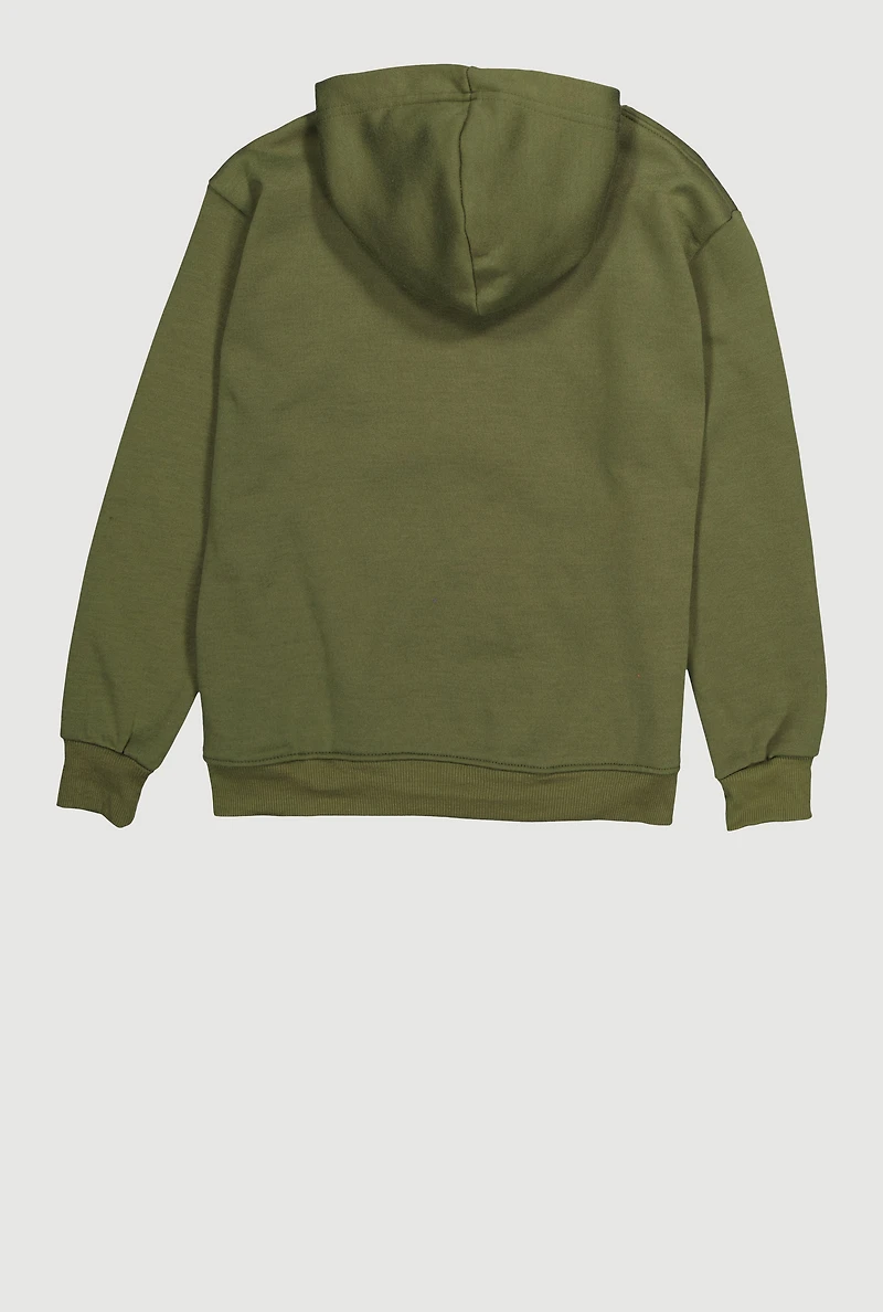 Boys Solid Fleece Lined Kangaroo Pocket Pullover Hoodie, Green,