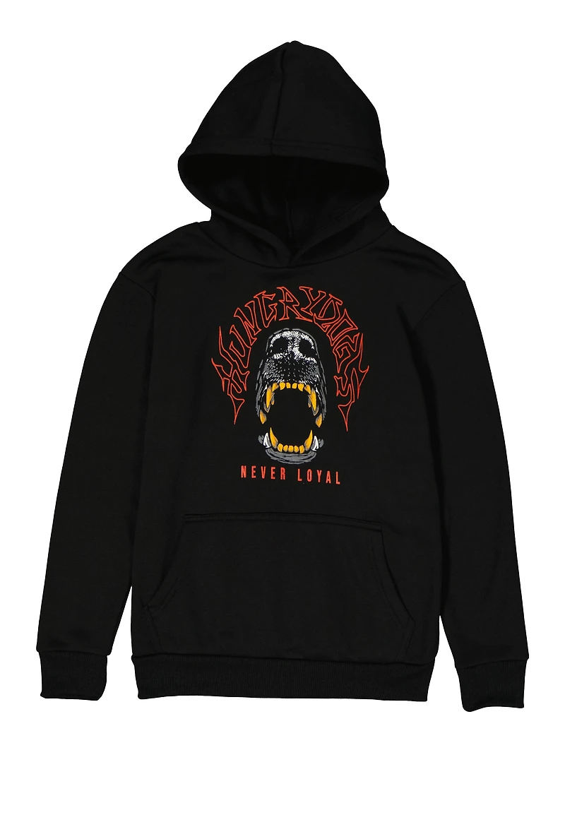 Boys Hungry Dogs Never Loyal Pullover Hoodie, Black,