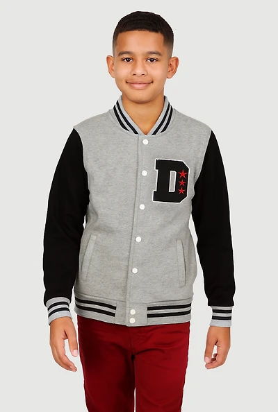 Boys Color Blocked D Patch Graphic Varsity Jacket, Multi,