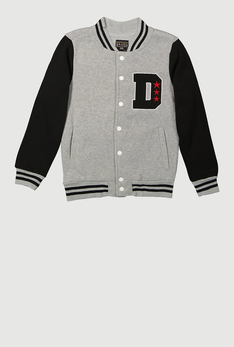 Boys Color Blocked D Patch Graphic Varsity Jacket, Multi,