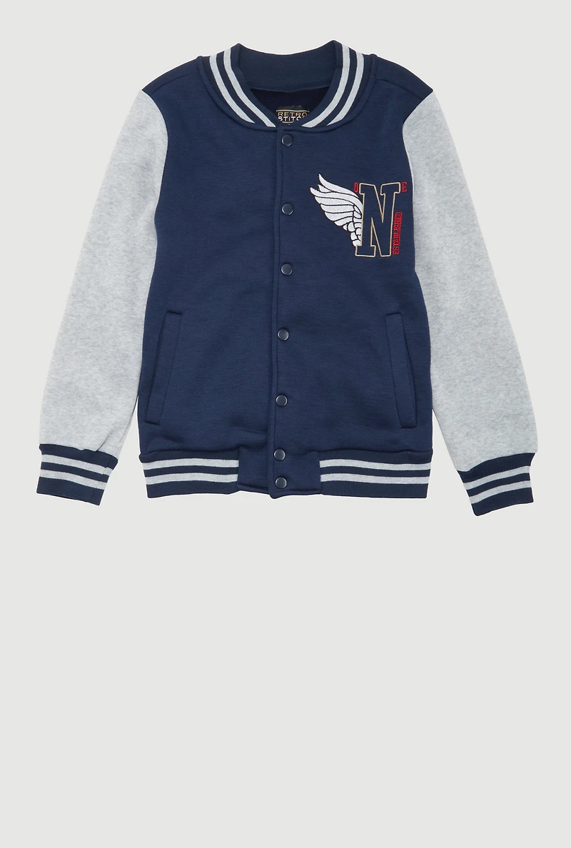 Boys Color Blocked Established One Patch Graphic Varsity Jacket, Multi,