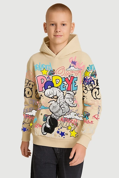Boys Popeye Graffiti Graphic Pullover Hoodie, Beige, Size S
