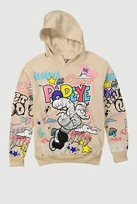 Boys Popeye Graffiti Graphic Pullover Hoodie, Beige, Size M