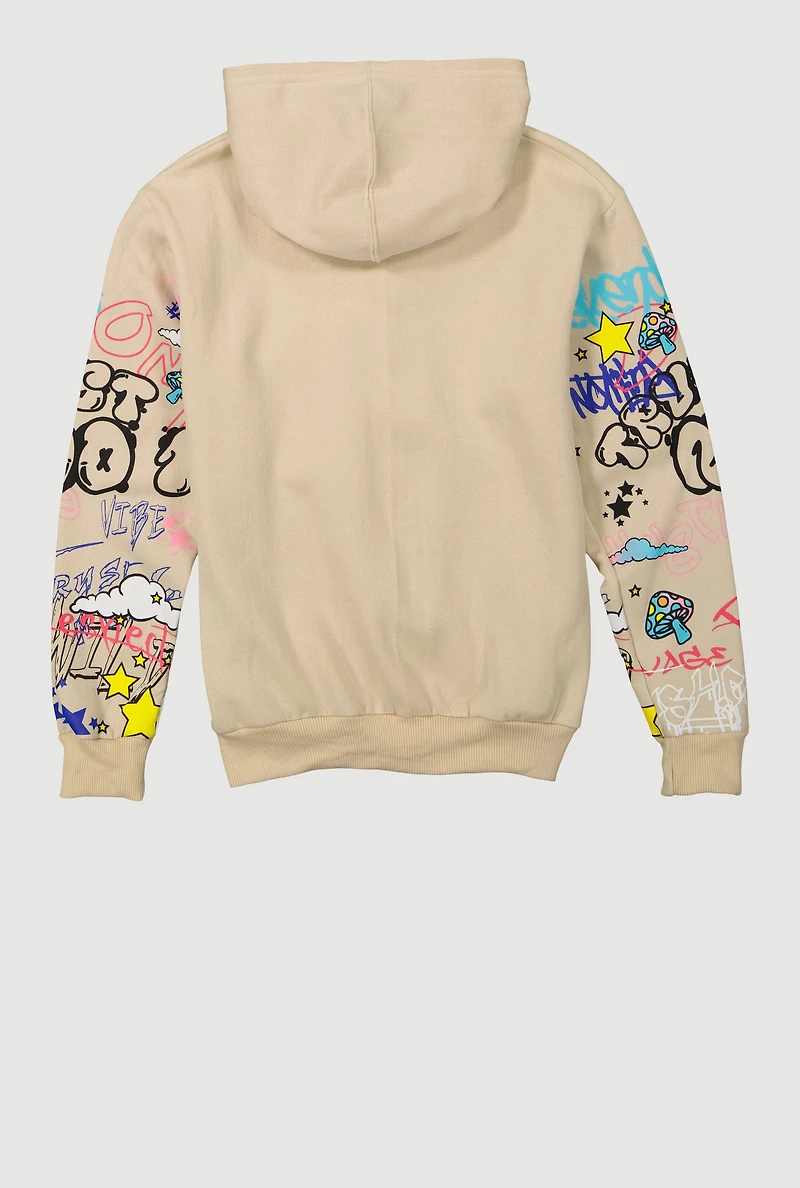 Boys Popeye Graffiti Graphic Pullover Hoodie, Beige, Size M