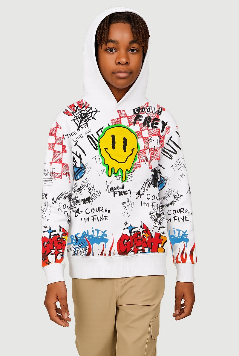 Boys Graffiti Drip Smiley Face Graphic Hoodie, White,