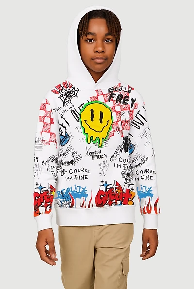 Boys Graffiti Drip Smiley Face Graphic Hoodie, White,