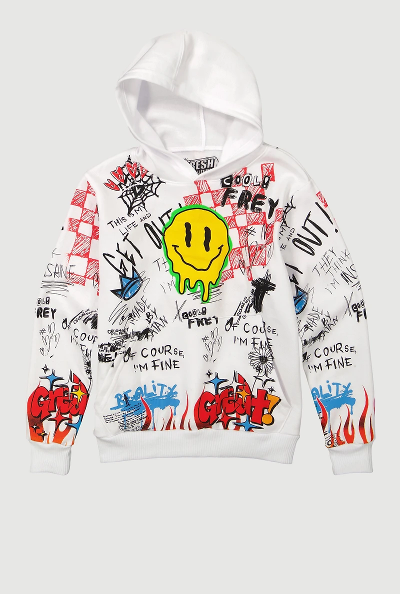 Boys Graffiti Drip Smiley Face Graphic Hoodie, White,