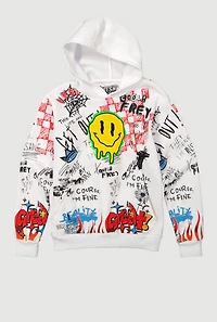 Boys Graffiti Drip Smiley Face Graphic Hoodie, White,
