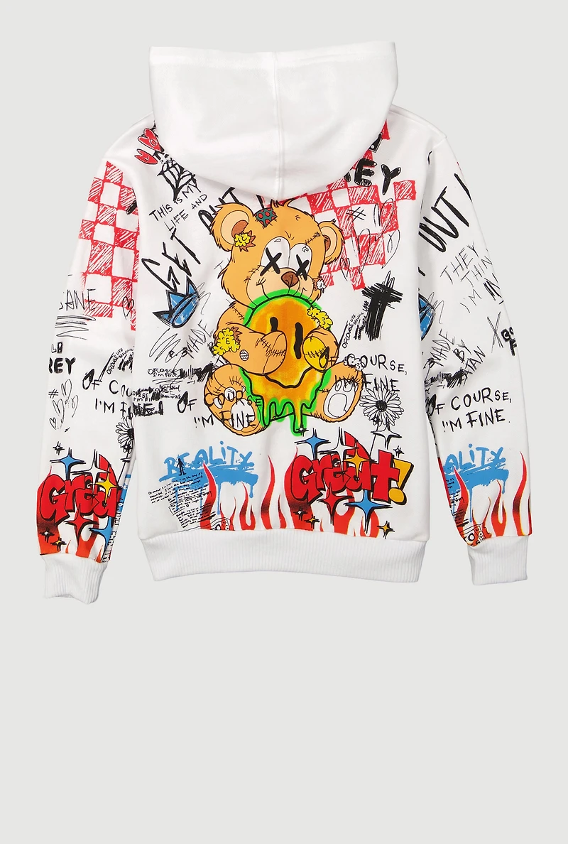 Boys Graffiti Drip Smiley Face Graphic Hoodie, White,