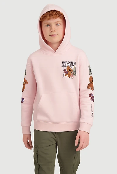 Boys Hustle Hard Teddy Graphic Pullover Hoodie, Pink, Size XL