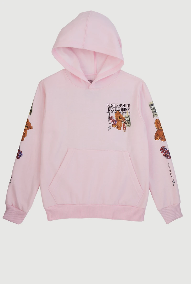 Boys Hustle Hard Teddy Graphic Pullover Hoodie, Pink, Size S