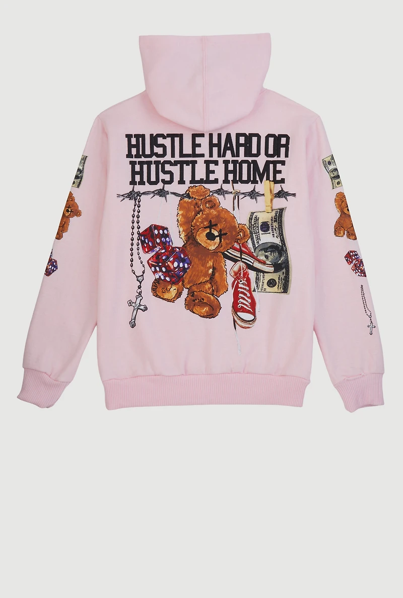 Boys Hustle Hard Teddy Graphic Pullover Hoodie, Pink, Size S