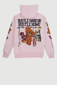 Boys Hustle Hard Teddy Graphic Pullover Hoodie, Pink, Size S