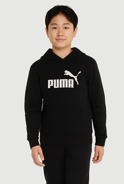 Boys Puma Fleece Pullover Hoodie with Kangaroo Pocket, Black, Size M