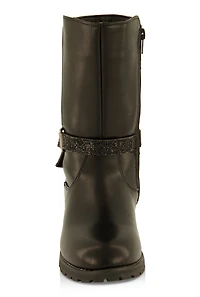 Womens Girls Rhinestone Buckle Strap Boots, Black,