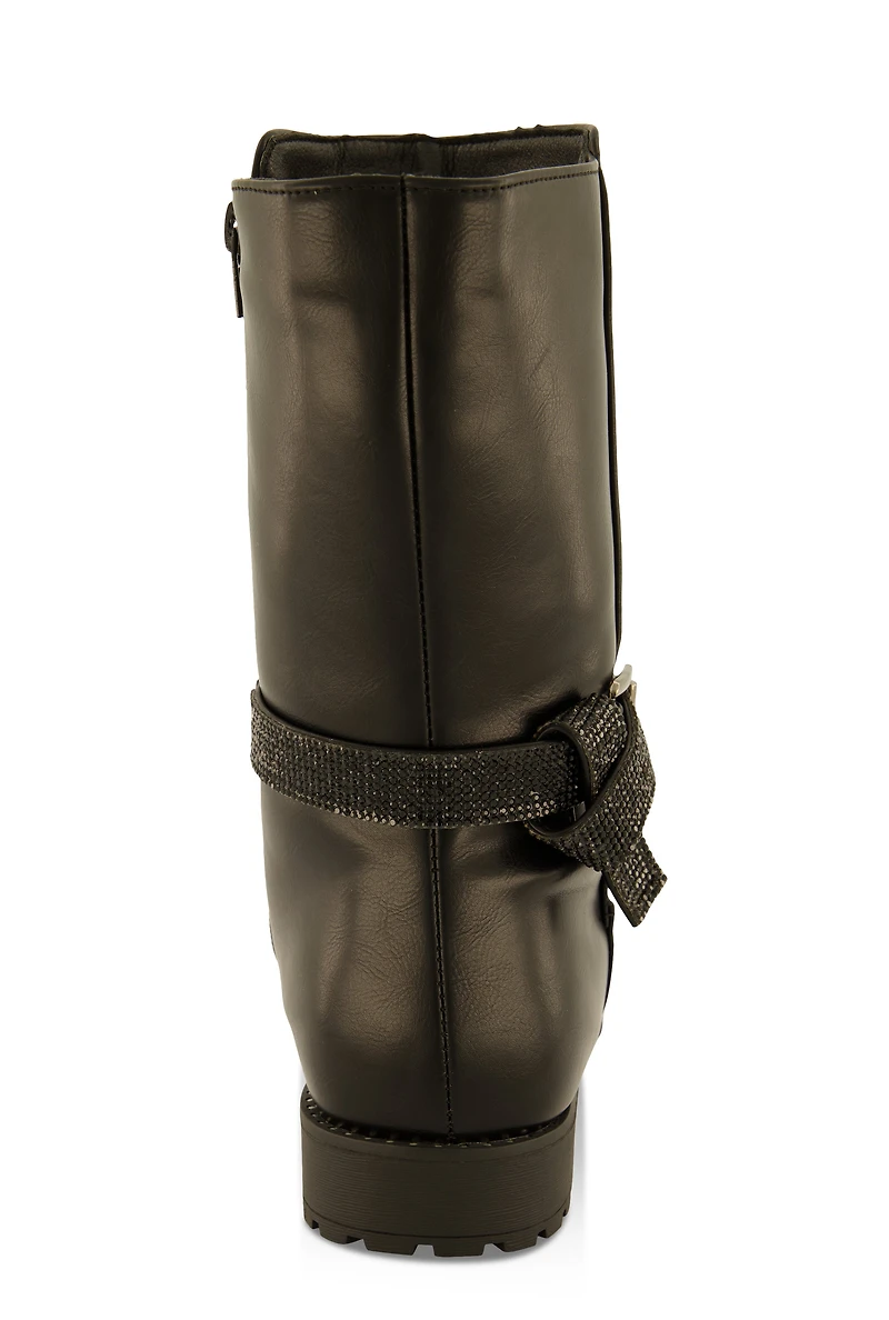Womens Girls Rhinestone Buckle Strap Boots, Black,